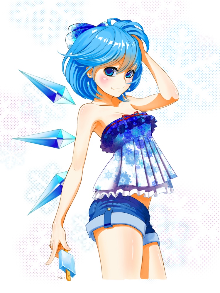 1girl, alternate_costume, blue_eyes, blue_hair, bow, cirno, hair_bow, hand_in_hair