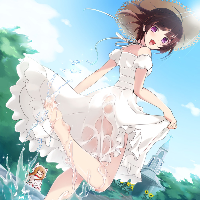 bare_shoulders, barefoot, brown_hair, catsuit, dress, happy, hat, hayakawa_akari