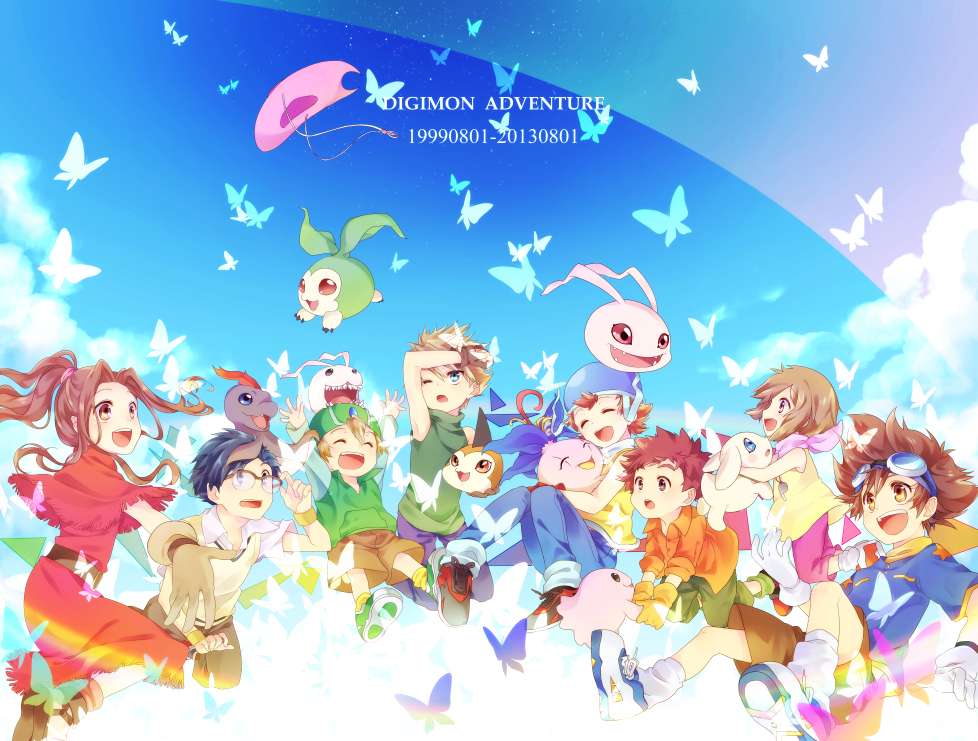 3girls, 5boys, blonde_hair, blue_eyes, blue_hair, brown_eyes, brown_hair, bukamon