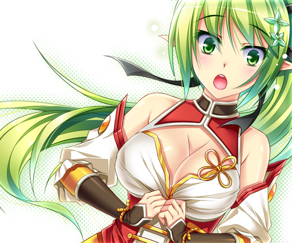 1girl, alternate_costume, blush, breasts, cleavage, cleavage_cutout, detached_sleeves, elsword, green_eyes, green_hair, hair_ornament, long_hair, open_mouth, pointy_ears, ponytail, rena_(elsword), ribbon, solo, surprised, tsukimi_kirara