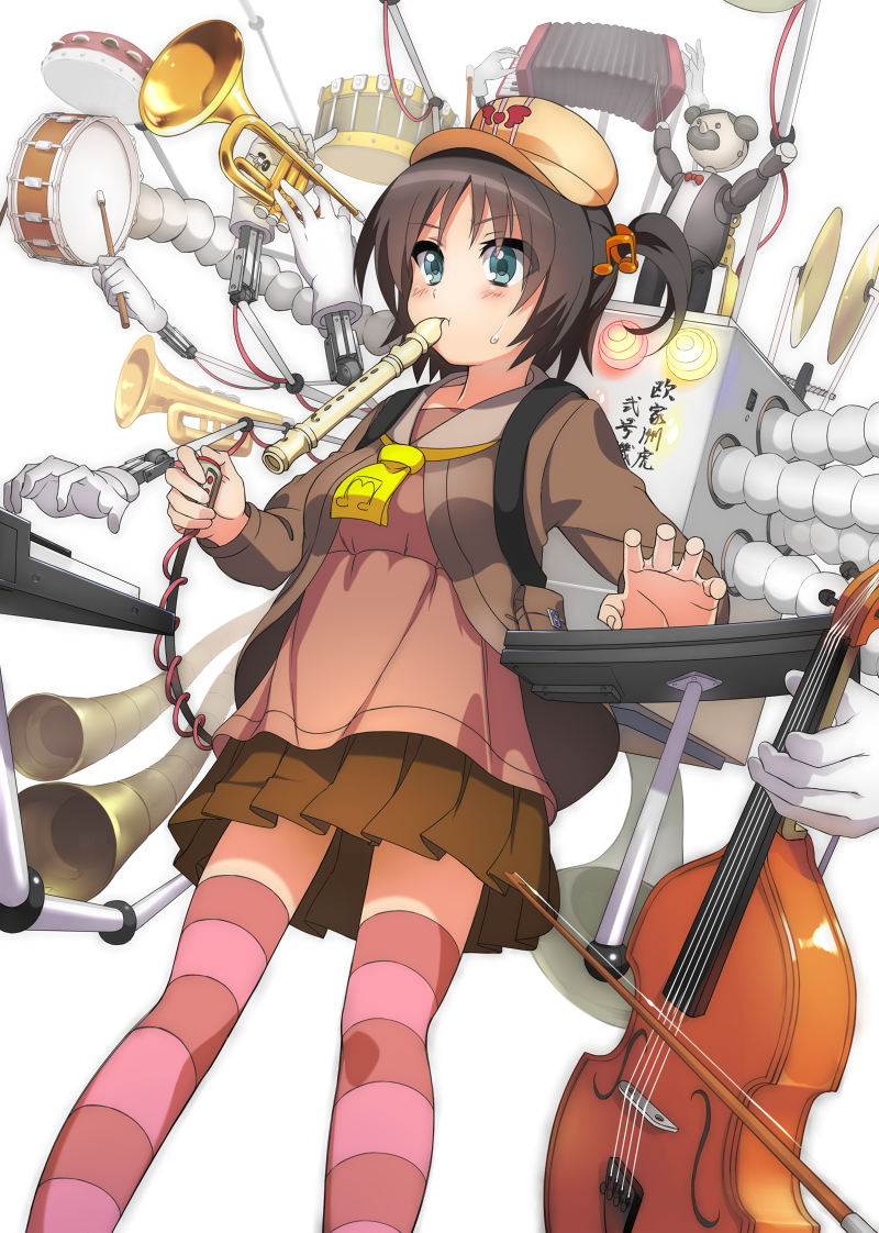 1girl, accordion, backpack, bag, black_hair, blue_eyes, blush, cello