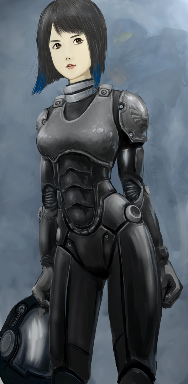 1girl, armor, bob_cut, bodysuit, brown_eyes, drivesuit, helmet, highres