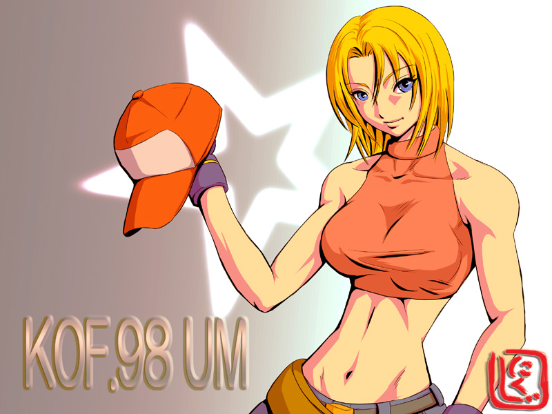 1girl, bare_shoulders, baseball_cap, belt, blonde_hair, blue_eyes, blue_mary, breasts