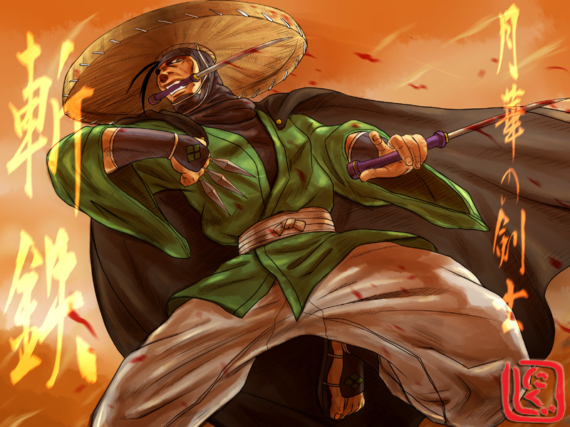 1boy, antenna_hair, baggy_pants, blood, bloody_knife, cape, hat, japanese_clothes