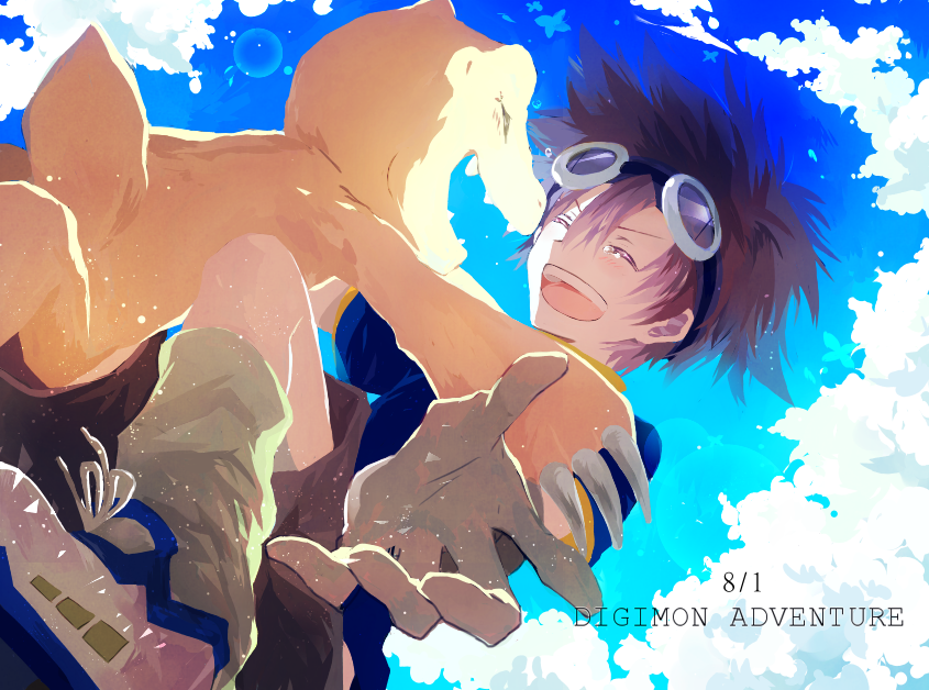 agumon, closed_eyes, digimon, digimon_adventure, gloves, goggles, incipient_hug, purple_hair