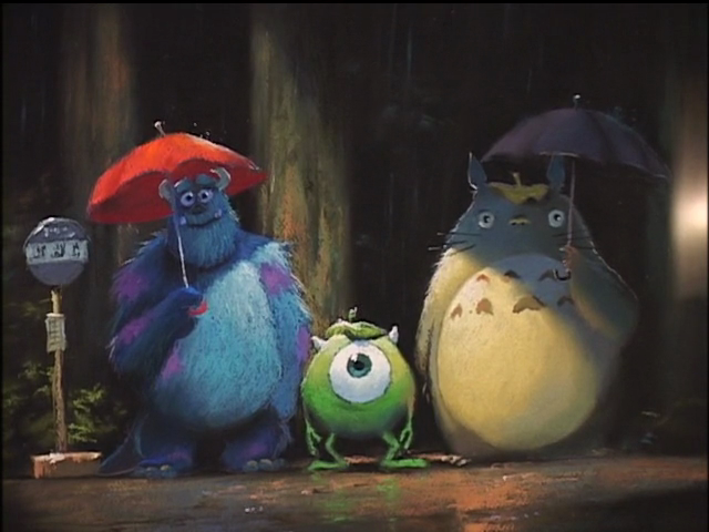 artist_request, bus_stop, crossover, james_p._sullivan, michael_wazowski, monsters_inc., parody, rain, smile, tonari_no_totoro, totoro, tree, umbrella
