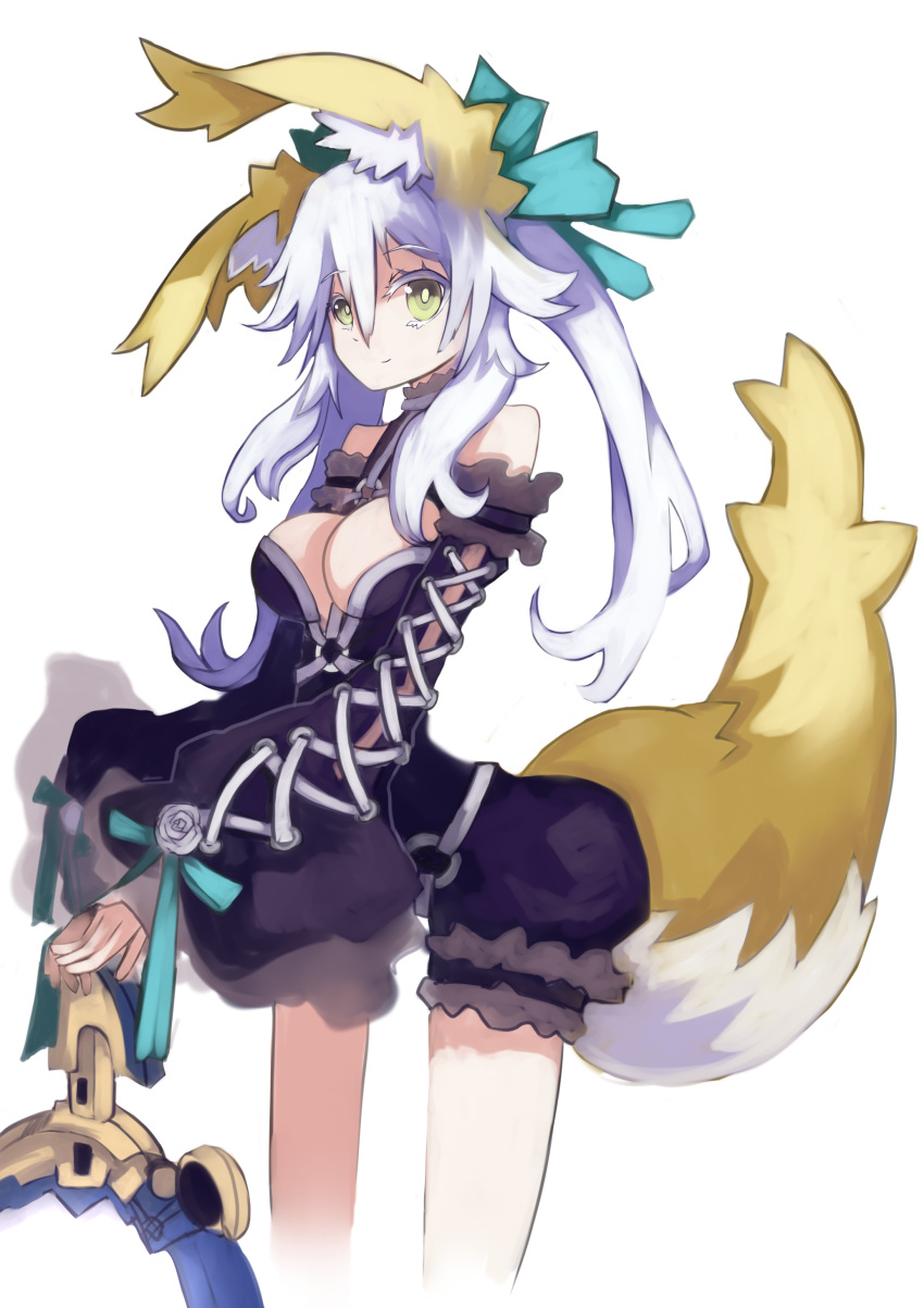 1girl, absurdres, animal_ears, breasts, caster_(fate/extra), cobhc667, fate/extra_ccc, fate_(series), fox_tail, highres, long_hair, mirror, rabbit_ears, solo, solol, suiten_nikkou_amaterasu_yanoshisu_ishi, tail, white_hair