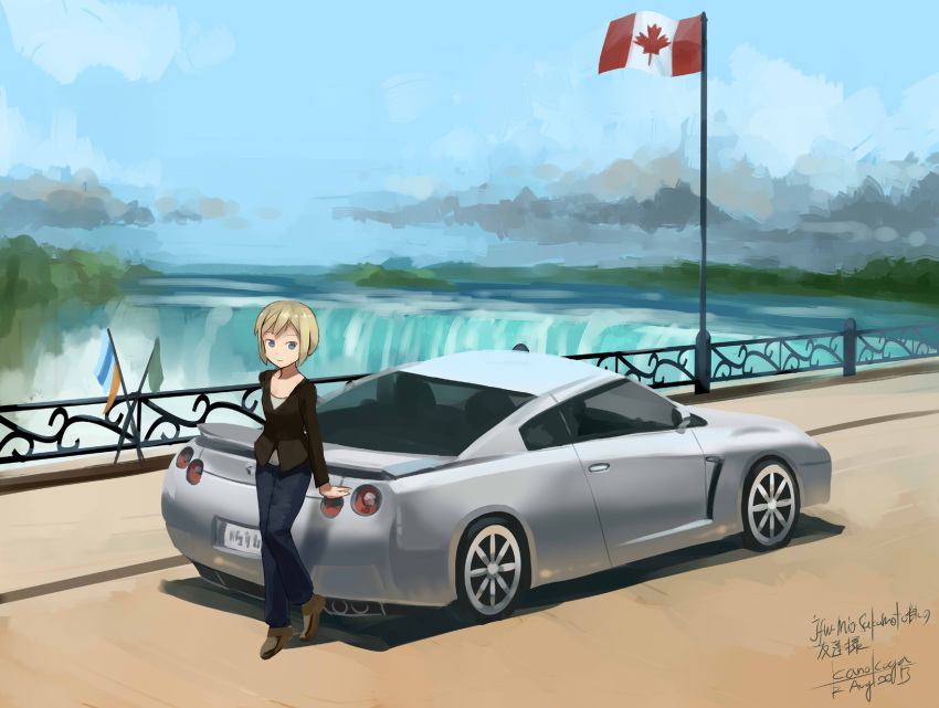 1girl, alternate_costume, artist_name, blonde_hair, blue_eyes, canada, canadian_flag, car