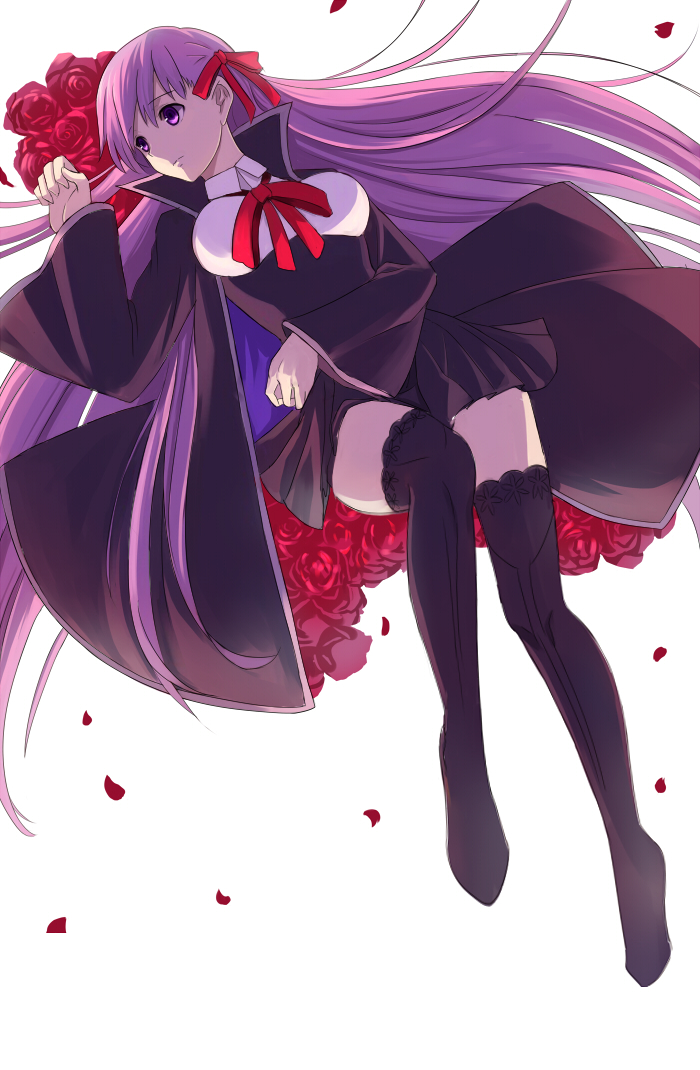 1girl, bb_(fate/extra_ccc), bed_of_roses, breasts, fate/extra_ccc, fate_(series), flower, hair_ribbon