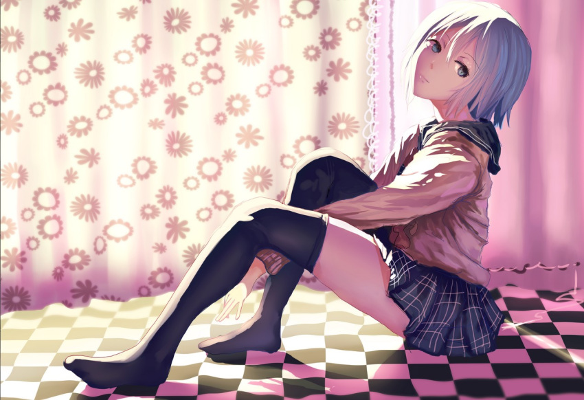 1girl, black_legwear, blue_eyes, blue_hair, checkered, curtains, head_tilt, looking_at_viewer