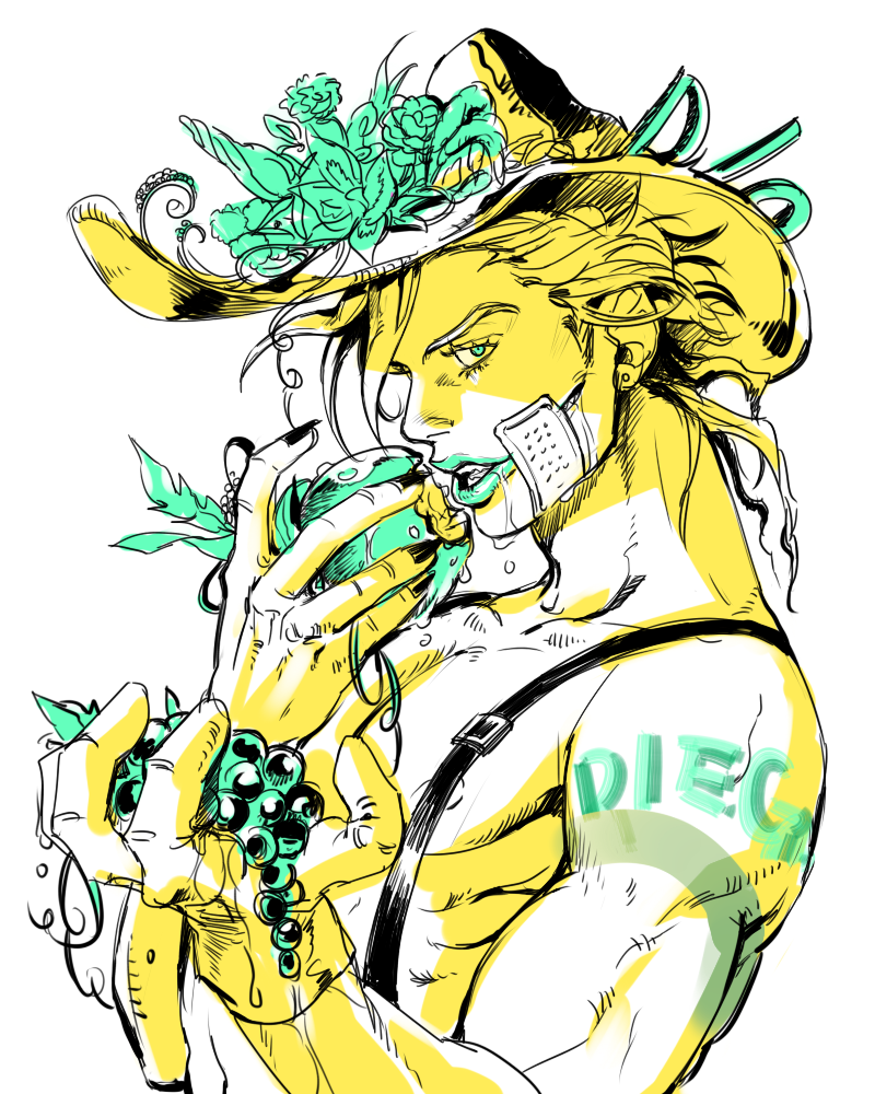 1boy, apple, diego_brando, drooling, food, fruit, grapes, hat, jojo_no_kimyou_na_bouken, lipstick, makeup, solo, steel_ball_run, zfmen