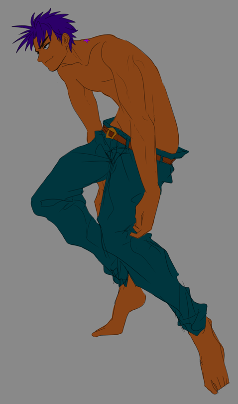 1boy, barefoot, birthmark, blue_hair, gkrk89, jojo_no_kimyou_na_bouken, joseph_joestar_(young), pants, shirtless, solo, star