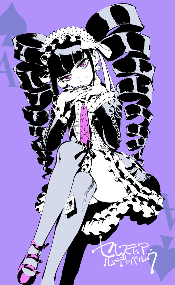 1girl, ahn_dongshik, black_hair, bonnet, card, celestia_rudenberk, crossed_legs, dangan_ronpa