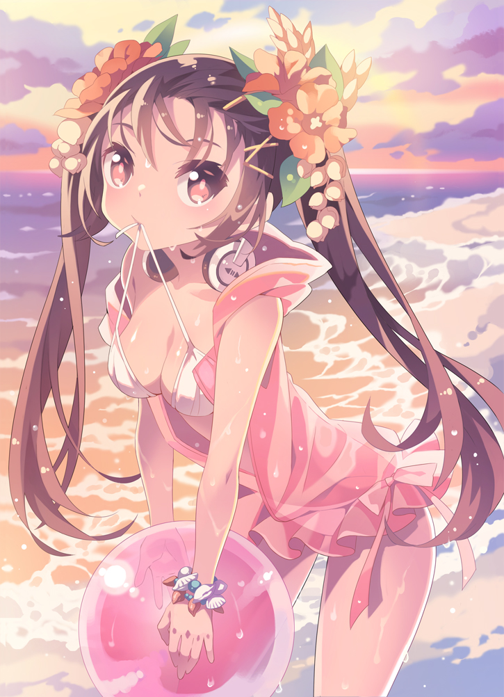 1girl, beach, bf._(sogogiching), bikini, brown_hair, flower, hair_flower, hair_ornament
