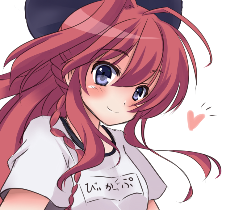 1girl, blue_eyes, blush, bow, braid, gym_uniform, hair_bow, heart, inui_sana, kaniyashiku, long_hair, mashiroiro_symphony, ponytail, redhead, single_braid, smile, solo, white_background