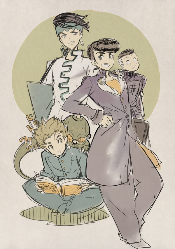 5boys, black_hair, blonde_hair, book, echoes_(stand), gakuran, higashikata_jousuke, hirose_kouichi