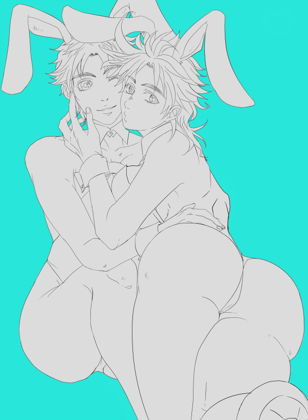2girls, animal_ears, april_rain, ass, breasts, bunnysuit, collar, flat_color