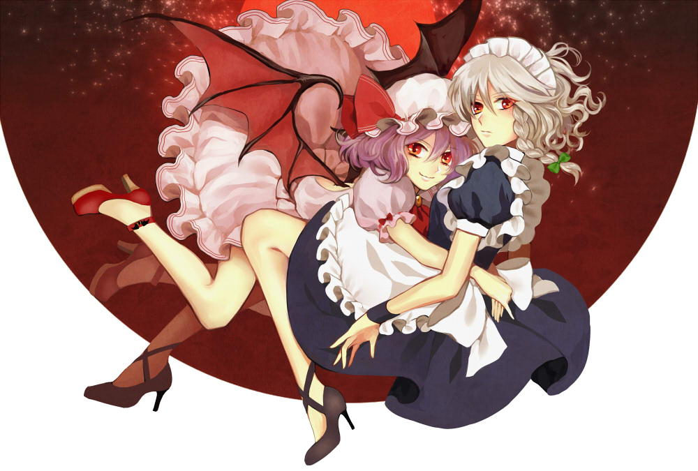 2girls, apron, bat_wings, black_shoes, blue_dress, braid, dress, high_heels