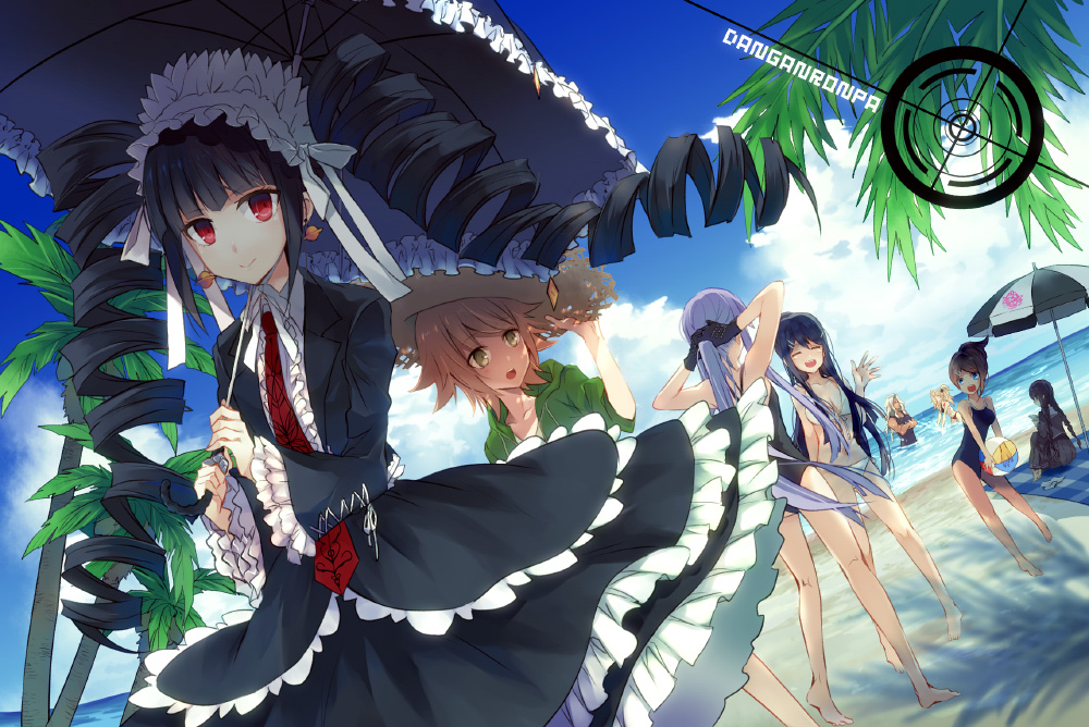 1boy, 6+girls, asahina_aoi, beach, bikini, black_hair, blue_hair, bonnet