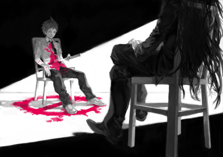 ahoge, amber389, black_hair, blood, chair, crossed_legs, dangan_ronpa, formal