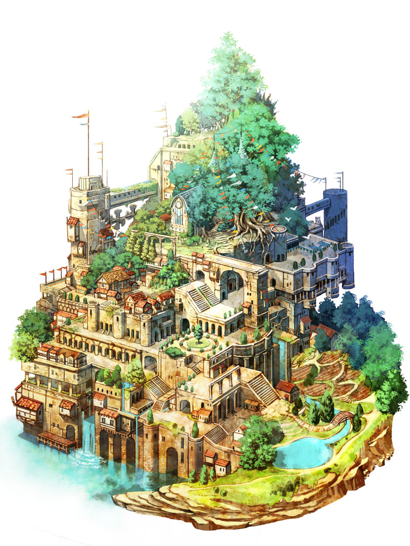 43, architecture, bridge, building, canal, flag, isometric, no_humans
