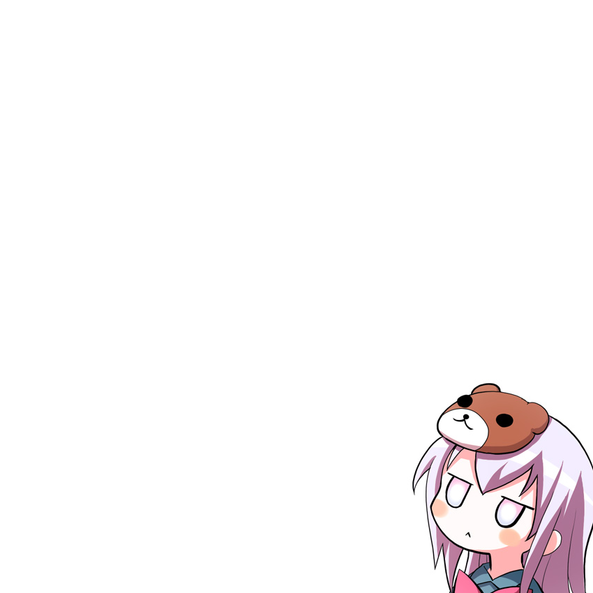 1girl, :<, bear_mask, blush_stickers, bow, bust, chibi, expressionless, face_mask, hata_no_kokoro, kiira, long_hair, mask, pink_eyes, pink_hair, shirt, simple_background, solo, touhou, very_long_hair, white_background