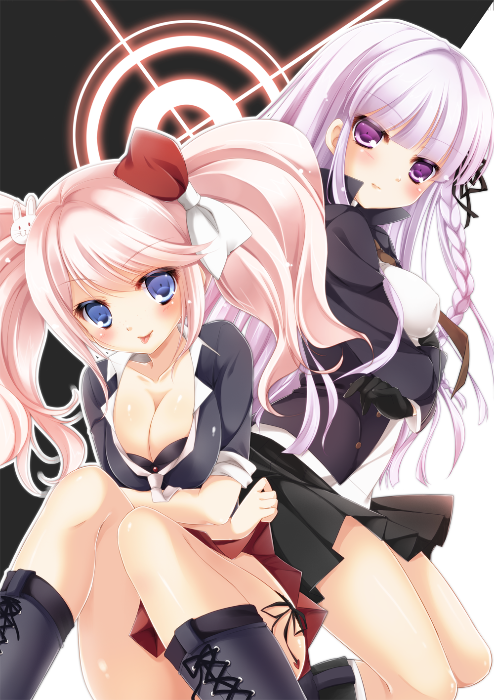 2girls, blue_eyes, bow, braid, breasts, cleavage, dangan_ronpa, enoshima_junko