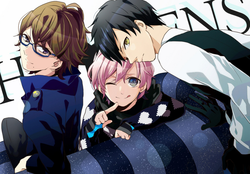 3boys, black_hair, brown_hair, fingerless_gloves, glasses, gloves, grey_eyes, highres