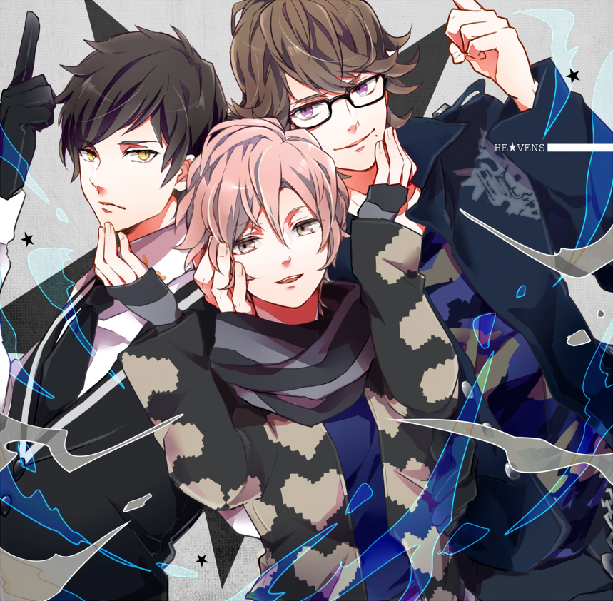 3boys, black_hair, brown_hair, glasses, grey_eyes, long_sleeves, male, mikado_nagi