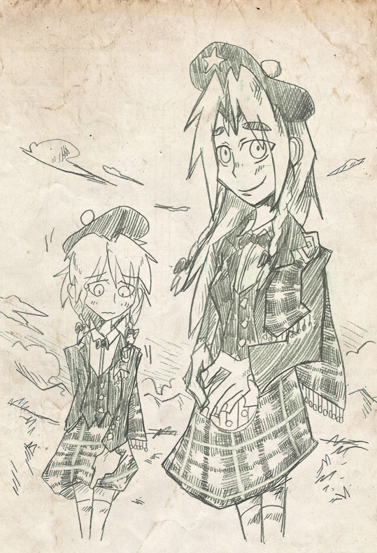 2girls, hat, hong_meiling, izayoi_sakuya, kilt, monochrome, multiple_girls, scotland