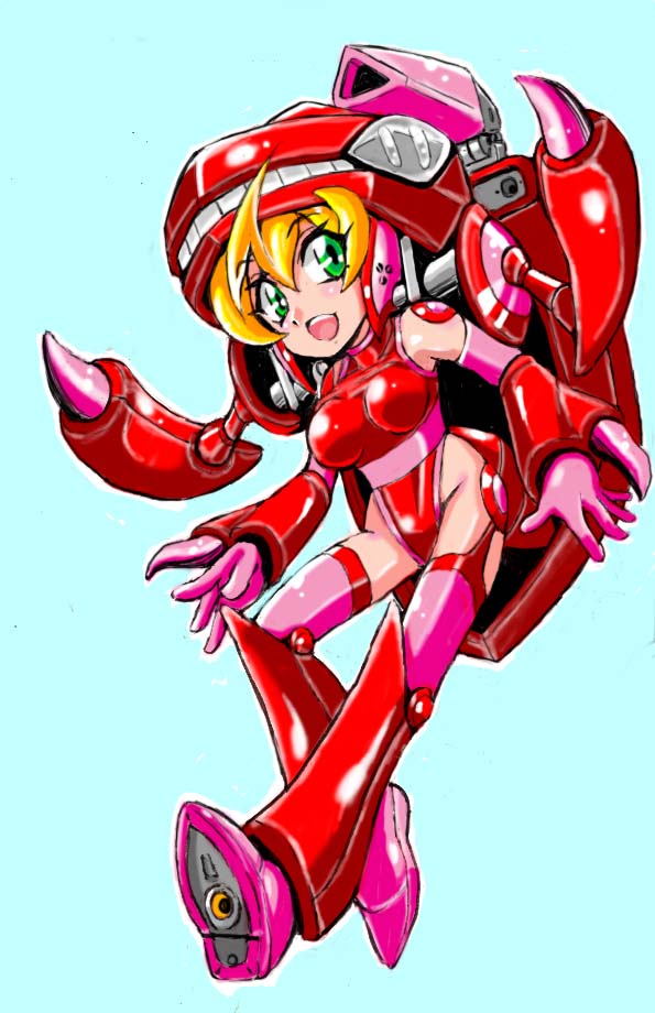 1girl, bare_shoulders, blonde_hair, elbow_gloves, gauntlets, genesect, gloves, green_eyes