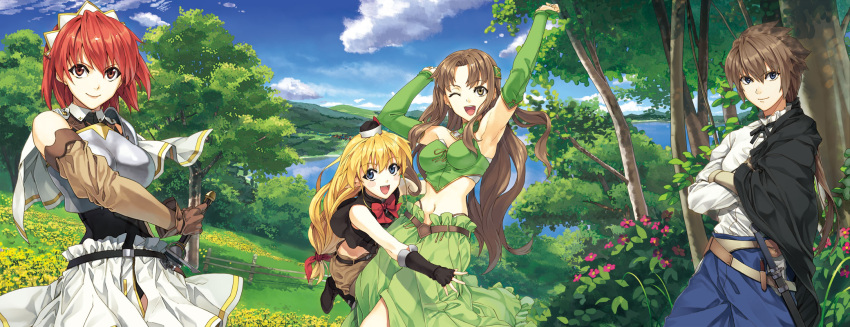 1boy, 3girls, :d, ;d, aria_(seiken_no_blacksmith), armpits, arms_up, blonde_hair