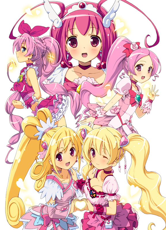 5girls, :d, aida_mana, blonde_hair, blush, cure_blossom, cure_happy, cure_heart