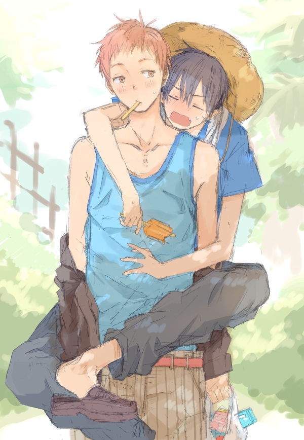 2boys, ao_no_exorcist, arm_around_shoulder, black_hair, blush, carrying, closed_eyes, fang