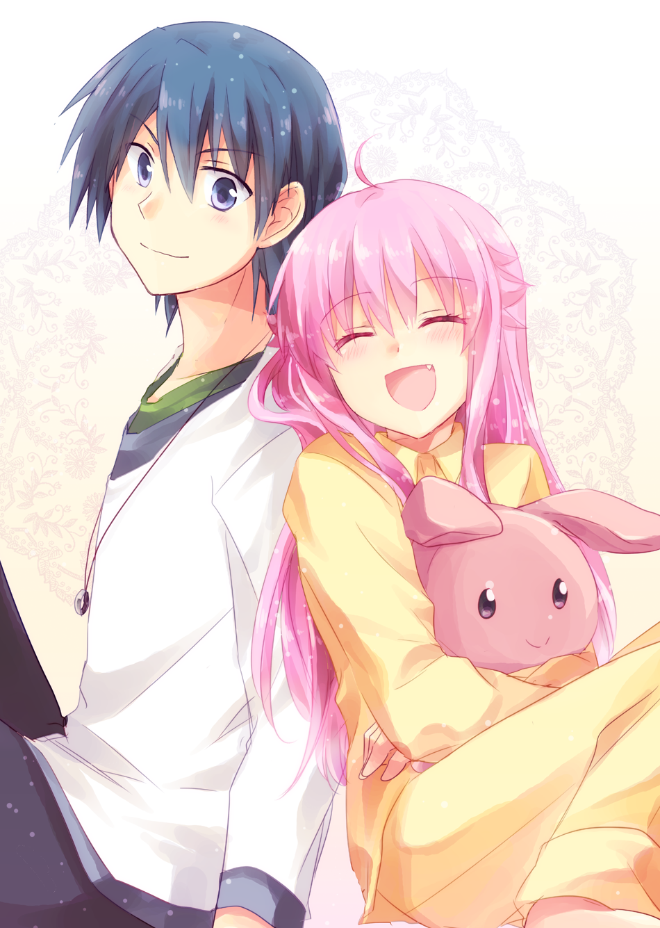 1boy, 1girl, angel_beats!, back-to-back, blue_eyes, blue_hair, closed_eyes, couple
