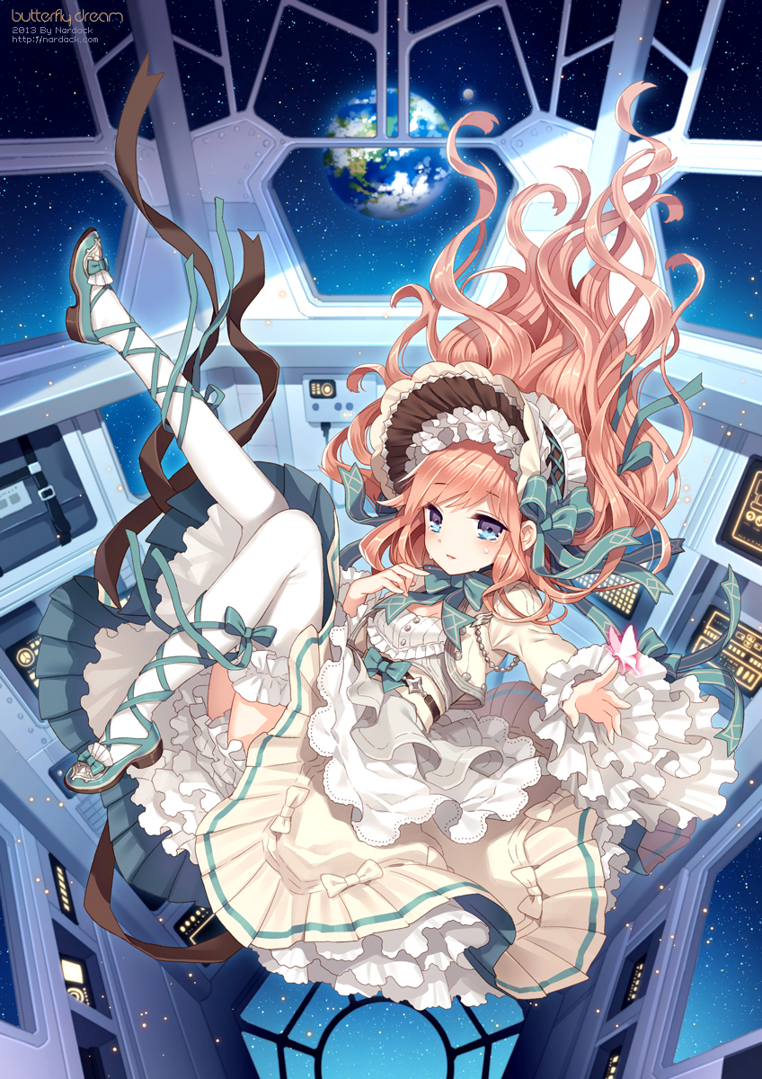 1girl, blue_eyes, brown_hair, control_stick, dress, earth, floating, highres, legs, lolita_fashion, nardack, original, tears, thigh-highs, white_legwear, zero_gravity