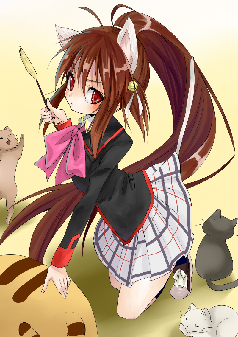 1girl, animal_ears, brown_hair, cat, cat_ears, cat_tail, cat_teaser, catgirl, doruji, little_busters!!, long_hair, natsume_rin, nekomimi, ponytail, red_eyes, school_uniform, shie_(m417), tail