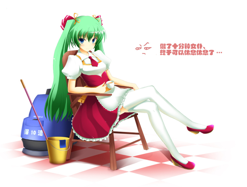 1girl, blue_eyes, bucket, chair, checkered, checkered_floor, crossed_legs, cup