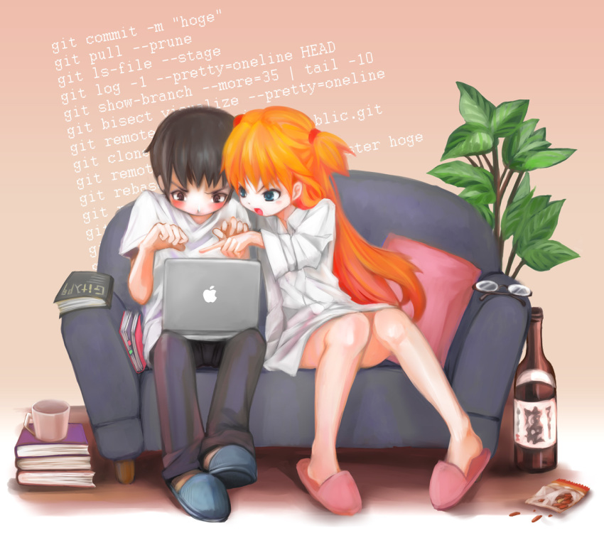 1boy, 1girl, arie9, blue_eyes, blush, book, brown_eyes, brown_hair