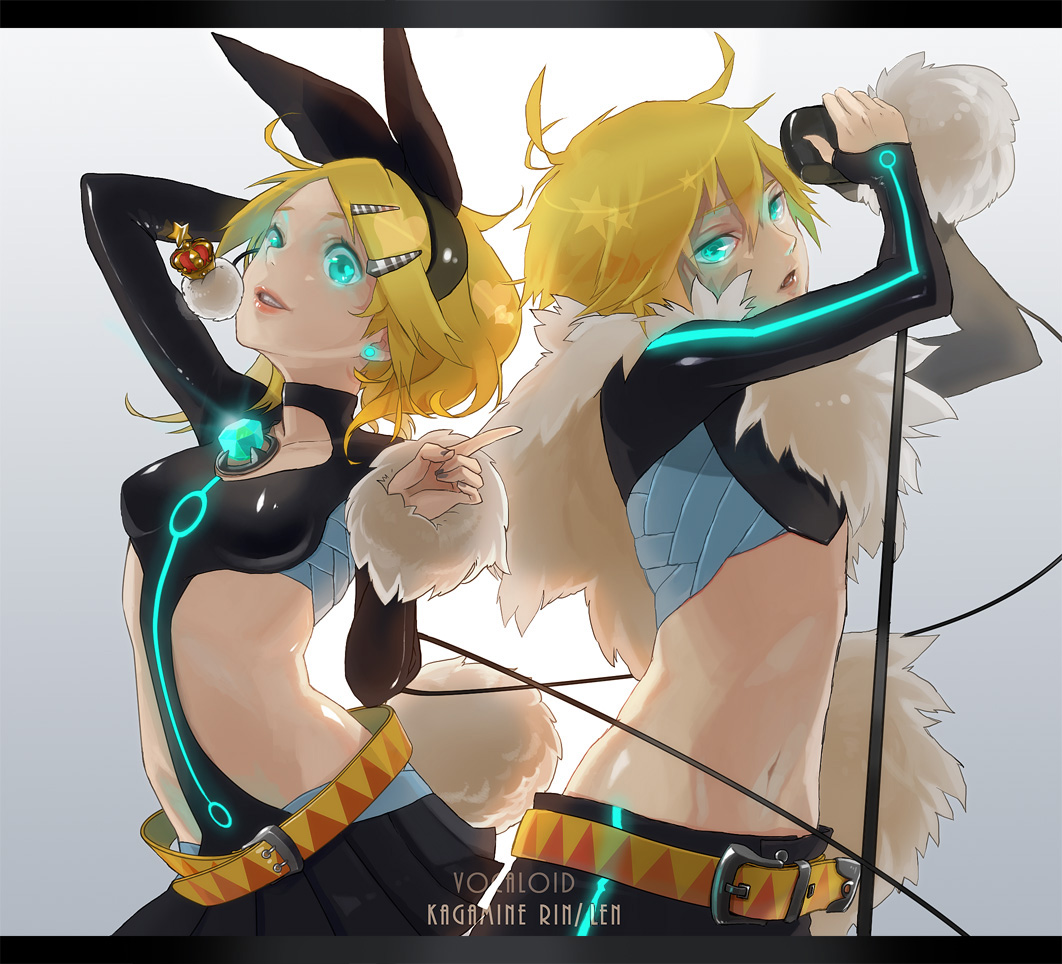 1boy, 1girl, alternate_costume, aqua_eyes, belt, blonde_hair, cable, feather_boa