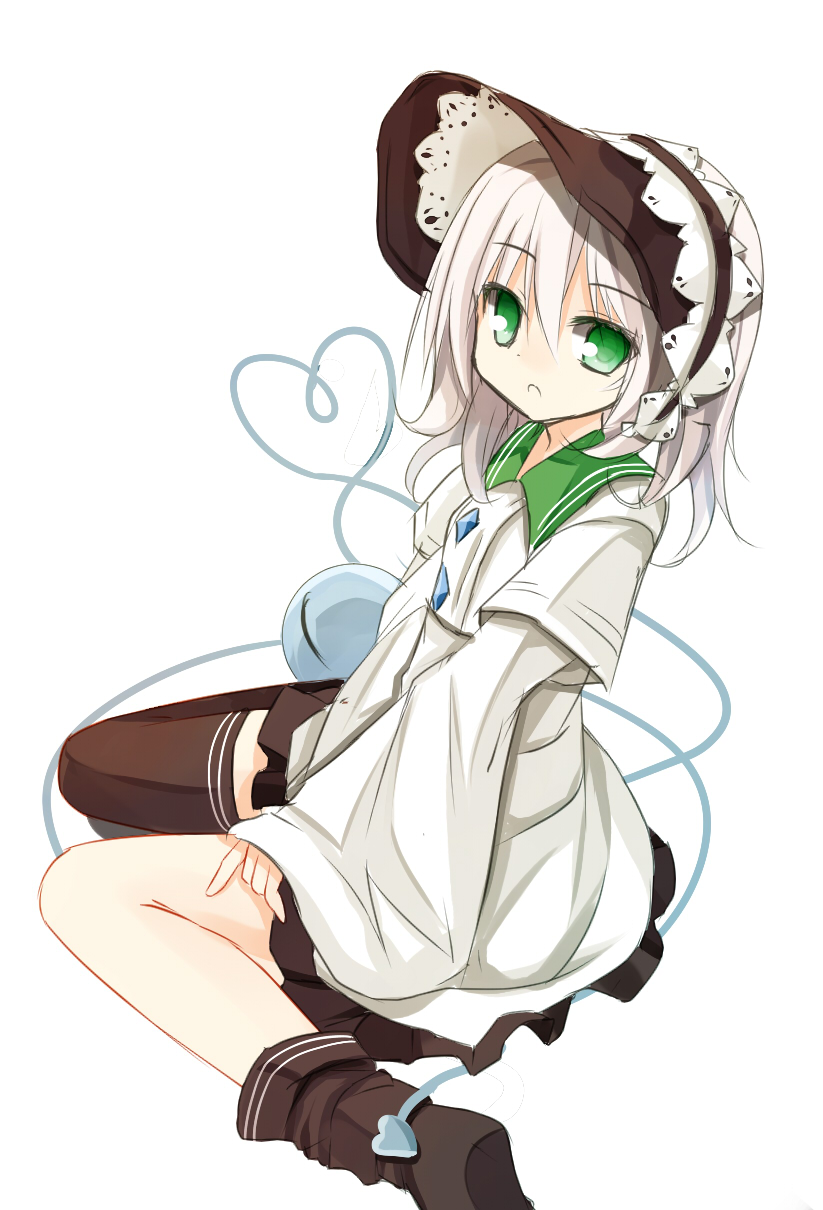 1girl, black_legwear, bonnet, boots, eyeball, green_eyes, grey_hair, heart