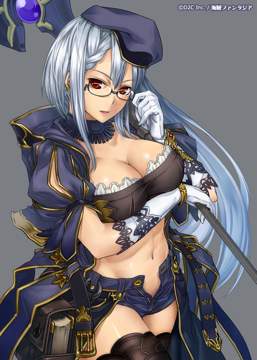 1girl, adjusting_glasses, book, breasts, cleavage, denim, denim_shorts, glasses