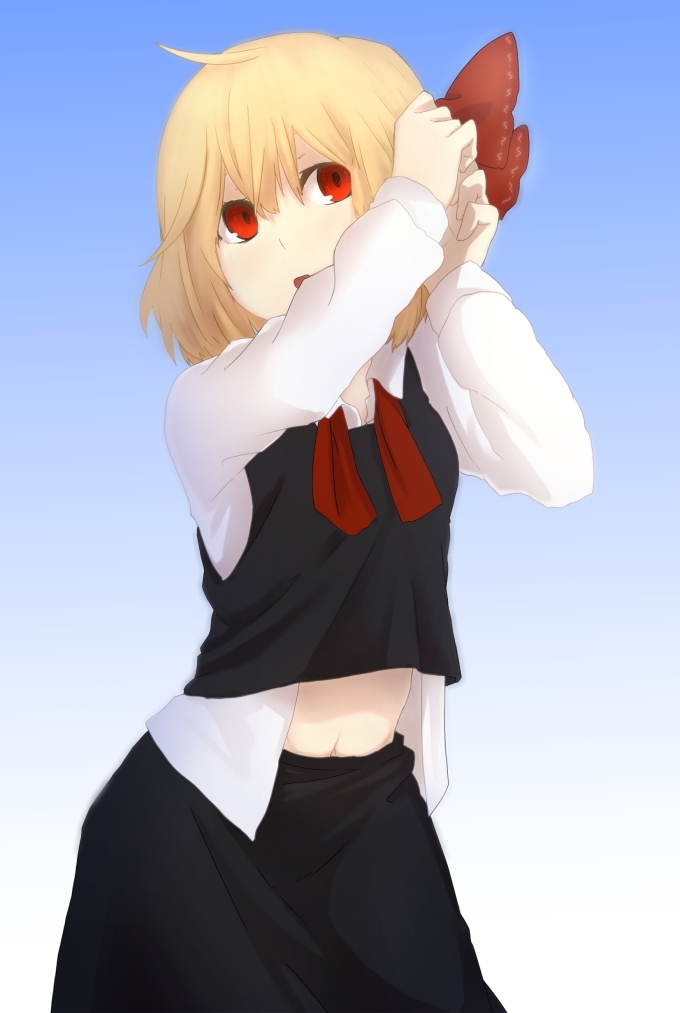 1girl, ascot, belly, black_dress, blonde_hair, dress, dressing, hair_ribbon