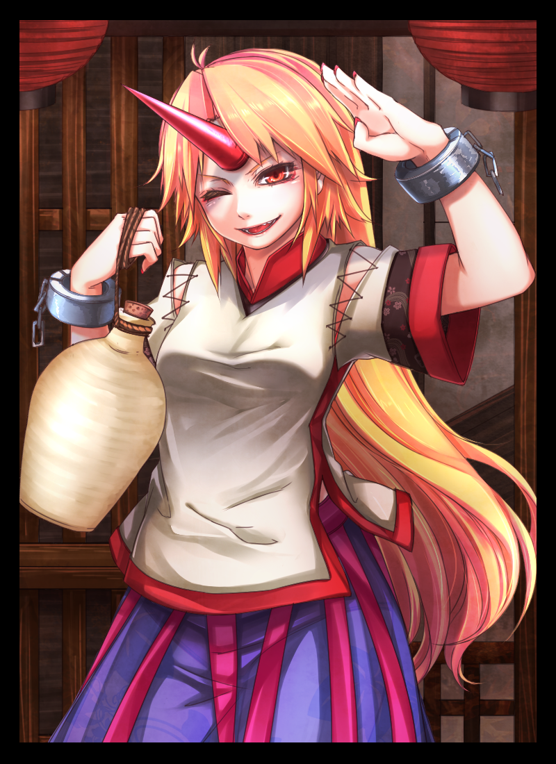 1girl, arm_up, blonde_hair, bottle, frame, hanamaru-s, horn, hoshiguma_yuugi