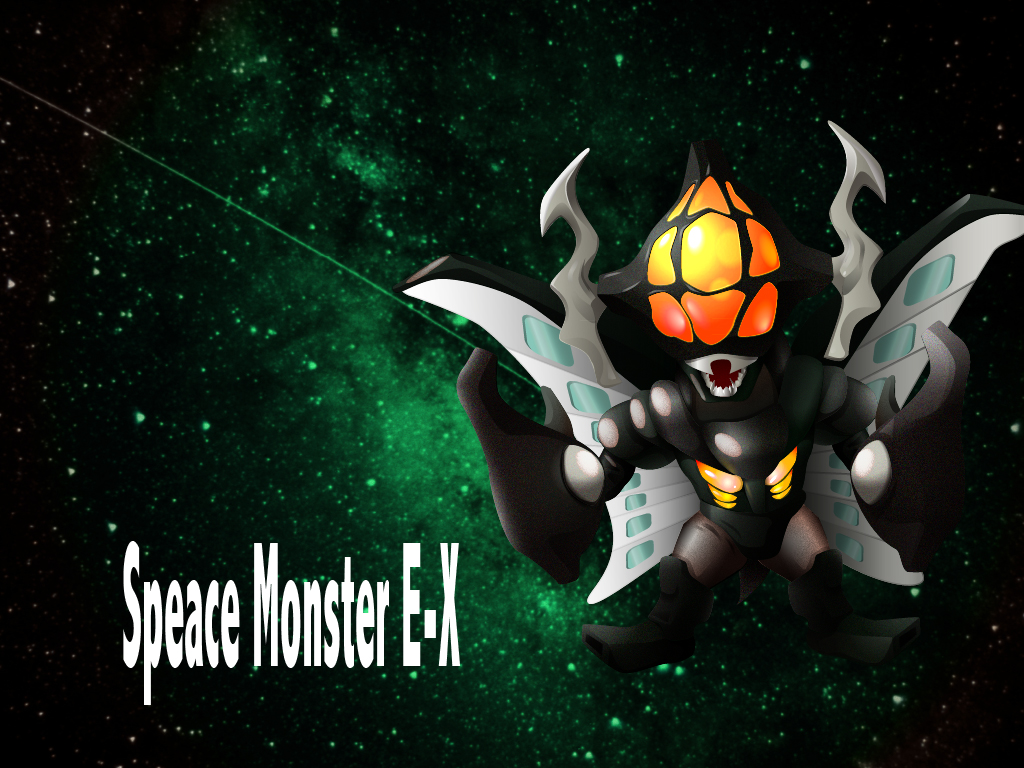 character_name, chibi, e-x_(ultra_series), glowing, glowing_eyes, horns, kaijuu, mokuyou_gran-pri, monster, no_humans, open_mouth, sharp_teeth, solo, space, star_(sky), ultra_sakusen_katokutai_shutsugeki_seyo!, ultra_series, wallpaper, wings