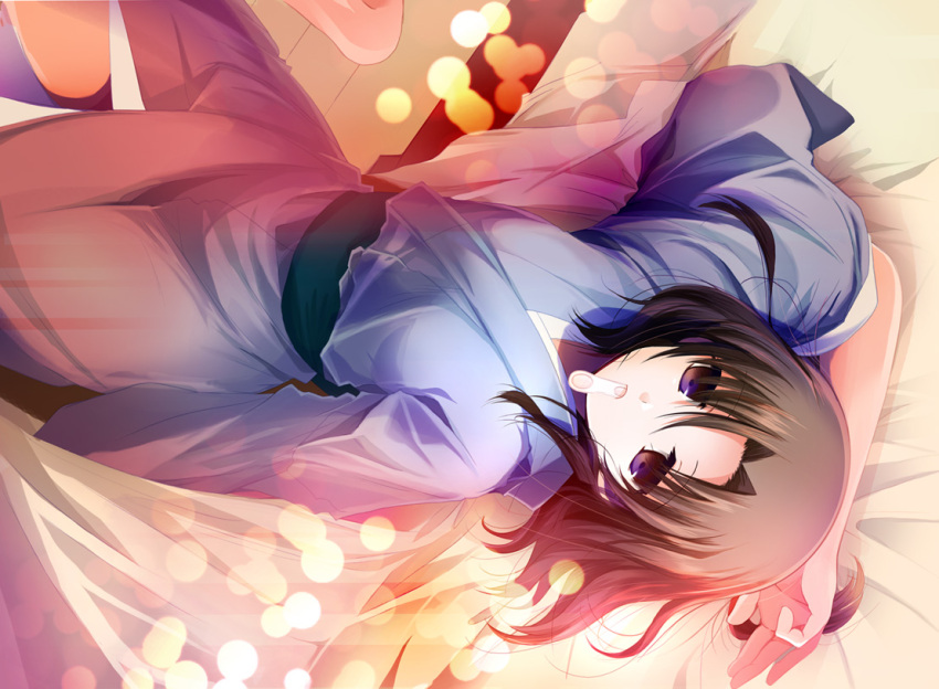 1girl, amputee, arm_behind_head, barefoot, bed, black_hair, brown_eyes, japanese_clothes