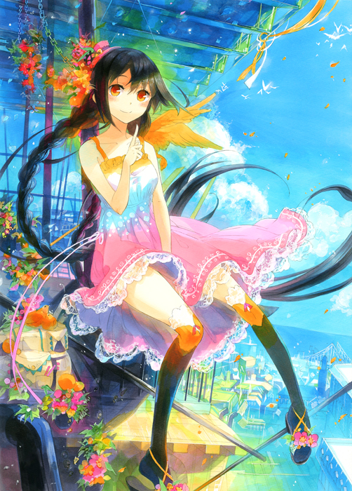 1girl, bird, black_hair, braid, city, colorful, dress, flower