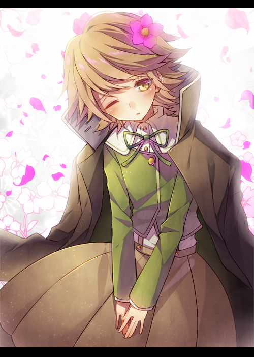 1boy, blush, brown_eyes, brown_hair, crossdressinging, dangan_ronpa, floral_background, flower