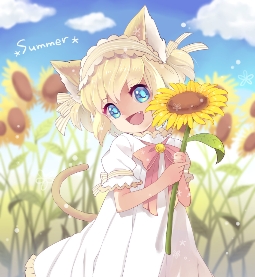 1girl, animal_ears, blonde_hair, blue_eyes, cat_ears, cat_tail, child, dress