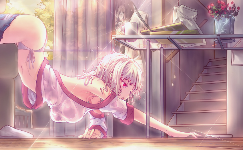 1girl, arched_back, ass, bare_shoulders, breasts, cellphone, fate/kaleid_liner_prisma_illya, fate_(series), flower, flying_sweatdrops, hanging_breasts, highres, hourai_no_hangentsuki, jeans, large_breasts, leysritt, messy_hair, open_mouth, panties, pants_down, phone, poster_(object), reaching, red_eyes, side-tie_panties, slippers, solo, sparkle, sweatdrop, top-down_bottom-up, underwear, white_hair, white_panties